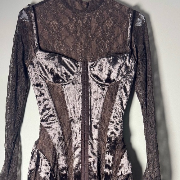 House of CB Dresses & Skirts - House of CB Taupe Velvet & Lace Long Sleeve Corset Dress